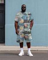 Men's Big Size Funny Splicing Plaid Print Hawaiian Short Sleeve T-Shirt and Shorts Set